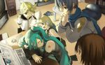  3girls blonde_hair blue_hair bob_(biyonbiyon) brother_and_sister closed_eyes computer everyone hair_ribbon hatsune_miku kagamine_len kagamine_rin kaito keyboard_(computer) long_hair meiko multiple_boys multiple_girls niconico ribbon room short_hair siblings sleeping sleepy twins vocaloid yukkuri_shiteitte_ne 