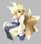  blonde_hair dress fox_tail grey_background hat long_sleeves looking_at_viewer multiple_tails ofuda pillow_hat short_hair simple_background sitting solo tabard tail touhou wapokichi white_dress wide_sleeves yakumo_ran yellow_eyes 