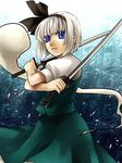  azumi_yuzuru bad_id bad_pixiv_id banned_artist blue_eyes dual_wielding ghost hairband hitodama holding konpaku_youmu konpaku_youmu_(ghost) lowres ribbon short_hair solo sword touhou weapon white_hair 