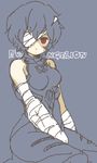  ayanami_rei bandage_over_one_eye bandages blue_hair eyepatch lowres neon_genesis_evangelion pale_skin plugsuit red_eyes short_hair solo yukke 