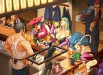  5girls alcohol animal_ears animal_print aulbath bad_id bad_pixiv_id bare_shoulders bat_print beer bent_over blue_hair breast_grab breasts capcom cat_ears chun-li cleavage cleavage_cutout closed_eyes company_connection crossover daimyo_hermitaur felicia fish_tank flipped_hair food grabbing green_hair hat head_wings jiangshi khezu kurohachi large_breasts lavasioth lei_lei lilith_aensland long_hair monster_hunter morrigan_aensland multiple_boys multiple_girls ofuda pantyhose pink_hair plesioth print_legwear purple_hair restaurant short_hair sleeping street_fighter sushi vampire_(game) wings 