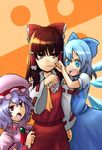  bad_id bad_pixiv_id blue_eyes blue_hair bow brooch cheek_pinching cirno fang hakurei_reimu hat jewelry multiple_girls pinching purple_hair red_eyes remilia_scarlet ribbon tears touhou wings 