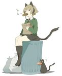  animal_ears brown_eyes brown_hair cat doughnut food green_shirt hayato_(meromoni) headphones necktie original school_uniform shirt short_hair sitting skirt socks solo sweater tail 