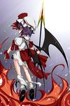  bad_id bad_pixiv_id fire hat polearm purple_hair red_eyes remilia_scarlet ribbon short_hair solo spear spear_the_gungnir torn_clothes touhou weapon wings yumesato_makura 