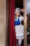  apron bow cosplay curtain curtains door dress female highres izayoi_sakuya jewelry lenfried necklace photo silver_hair solo thighhighs touhou 