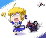  armor armored_dress artoria_pendragon_(all) berserker_(fate/zero) blonde_hair braid butter-t candy chibi crying crying_with_eyes_open dog dress fate/zero fate_(series) food french_braid lollipop o_o saber tears tripping 