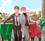  ahoge alcohol axis_powers_hetalia blush brothers brown_hair cloud cup day drinking_glass flag flower formal frown glass green_eyes hair_intakes head_tilt highres italian_flag jacket long_sleeves looking_at_viewer male_focus multiple_boys necktie northern_italy_(hetalia) nwtm open_clothes open_jacket pants scenery shaded_face shirt siblings sky smile southern_italy_(hetalia) striped striped_pants striped_shirt suit vest white_shirt wine wine_glass yellow_eyes 