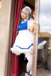  apron bow cosplay curtain curtains door dress female highres izayoi_sakuya jewelry lenfried necklace photo silver_hair solo stained_glass thighhighs touhou window 