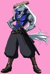  adapted_costume bad_id bad_pixiv_id blue_eyes boots dominia full_body furry hands_on_hips hat long_hair male_focus pants pink_background precure shirt sleeveless sleeveless_shirt smile_precure! solo tail werewolf white_hair wolf_tail wolfrun 