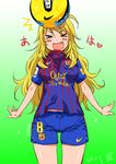  &gt;_&lt; 2011 ahoge ball blonde_hair breasts closed_eyes dated fang fc_barcelona green_eyes hoshii_miki idolmaster idolmaster_(classic) inoue_sora la_liga long_hair medium_breasts navel open_mouth outstretched_wrists soccer soccer_ball soccer_uniform solo spain sportswear 