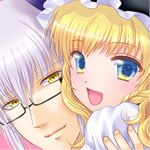  1girl :d alha blonde_hair blue_eyes braid face glasses hat kirisame_marisa long_hair lowres morichika_rinnosuke open_mouth short_hair silver_hair smile touhou yellow_eyes 