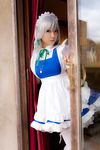  apron bow cosplay curtain curtains door dress female highres izayoi_sakuya jewelry lenfried necklace photo silver_hair solo thighhighs touhou 