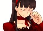  amagi_yukiko bangs black_hair blush cardigan closed_eyes goodbye hairband long_hair neck_ribbon persona persona_4 ribbon saeuchobab smile solo tears wiping_tears 