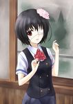  another aoi_usagi bad_id bad_pixiv_id black_hair bow bowtie eyepatch flower hair_flower hair_ornament misaki_mei red_eyes school_uniform 