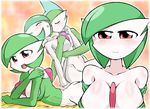  artist_request blush breasts cleavage gallade gardevoir green_hair large_breasts nintendo pokemon red_eyes smile uranoyoru 