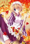  :&gt; ;) absurdres apron autumn autumn_leaves bamboo_broom bashamichi blonde_hair blue_hair blush broom hakama highres image_sample japanese_clothes leaf maid maid_headdress maple_leaf maruchan. one_eye_closed original purple_hakama short_hair skirt skirt_lift smile yagasuri yandere_sample 