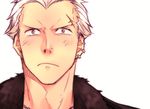  barbell_piercing blush crew_cut delinquent ear_piercing earrings fur_trim goodbye grey_eyes jewelry looking_at_viewer male_focus nose_piercing persona persona_4 piercing saeuchobab scar silver_hair solo tatsumi_kanji tears white_hair widow's_peak 