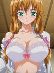  animated animated_gif bouncing_breasts bra breasts green_eyes hair_ribbon large_breasts long_hair misaki_(renketsu_houshiki) nipples open_bra open_clothes open_shirt orange_hair renketsu_houshiki ribbon shirt smile underwear undressing 