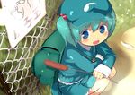  backpack bag blue_eyes blue_hair blush cattail fence gigokku hair_bobbles hair_ornament kawashiro_nitori open_mouth plant short_hair sign skirt smile solo squatting touhou two_side_up 