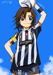  :3 antenna_hair armband ball brown_eyes brown_hair dated flat_chest hand_on_hip idolmaster idolmaster_(classic) inoue_sora italy juventus_fc kikuchi_makoto object_on_head serie_a short_hair soccer soccer_ball soccer_uniform solo sportswear sweatband 