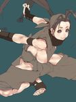  antenna_hair arm_behind_back blue_eyes breasts brown_hair capcom feet fingerless_gloves forehead gloves highres ibuki ibuki_(street_fighter) kunai lips long_hair mumaya ninja nipples ponytail solo street_fighter street_fighter_iii weapon 