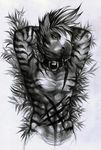  abs anthro arms_behind_head clothed clothing collar equine greyscale half-dressed harag huru looking_at_viewer lying male mammal monochrome navel nipples on_back scar solo toned topless zebra 