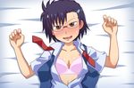  blush bra danshi_koukousei_no_nichijou glasses goriate hair_ornament hairclip lingerie lying open_clothes open_shirt school_uniform shirt short_hair solo underwear yanagin_(danshi_koukousei) 