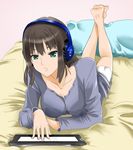  aqua_eyes barefoot bed brown_hair chuu_(rinet) collarbone feet hands headphones idolmaster idolmaster_cinderella_girls long_hair lying on_stomach pillow shibuya_rin solo tablet_pc 