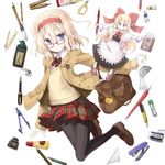  alice_margatroid alternate_costume bag bespectacled black_legwear blonde_hair blue_eyes bow boxcutter calligraphy_brush contemporary eraser glasses hair_bow hairband inkwell mochiki paintbrush pantyhose pen pencil plaid plaid_skirt ruler school_uniform scissors shanghai_doll skirt solo stapler sweater touhou 