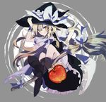  :q apple blonde_hair boots bow broom food fruit hat hat_bow highres kirisame_marisa long_hair solo sotsunaku tongue tongue_out touhou white_bow witch_hat wrist_cuffs yellow_eyes 