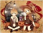  1girl bat blonde_hair blue_eyes brother_and_sister candy food fork grave grin hair_ornament hairclip halloween hat holding kagamine_len kagamine_rin lollipop mikanniro pumpkin siblings sitting smile socks sweets twins vocaloid witch_hat 