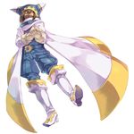  belt boots brown_hair cape full_body gears gloves highres hood janis_(hainegom) kirby_(series) magolor male_focus one_eye_closed pants personification scarf simple_background solo yellow_eyes 