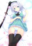  arm_up ascot black_legwear blue_eyes blue_panties daiaru floral_print hair_ribbon katana konpaku_youmu konpaku_youmu_(ghost) lowleg lowleg_panties lying no_pants on_back open_mouth panties ribbon scabbard sheath sheathed shirt_lift silver_hair solo sword thighhighs third_eye touhou underwear vest weapon 