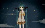  ahoge aqua_eyes aqua_hair hand_to_own_mouth hatsune_miku long_hair mikanniro necktie skirt sky sleeves_past_wrists solo standing star_(sky) starry_sky twintails very_long_hair vocaloid 