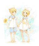  1girl :d aqua_eyes barefoot blonde_hair brother_and_sister flower grin hairband holding_hands kagamine_len kagamine_rin mikanniro open_mouth shorts siblings smile standing twins vocaloid 