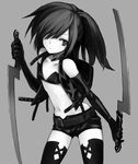  bare_shoulders belt bikini dual_wielding elbow_gloves gloves greyscale hair_over_one_eye holding koma_(raincrow) monochrome navel night_seeker_(sekaiju) sekaiju_no_meikyuu sekaiju_no_meikyuu_4 short_shorts shorts solo swimsuit sword thighhighs unbuttoned vest weapon 