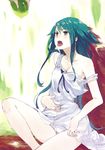  bare_shoulders blush dress feeding food green_eyes green_hair hand_on_own_stomach hrd hungry long_hair looking_up open_mouth panties saya saya_no_uta sitting strap_slip sundress underwear very_long_hair 