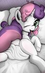  blanket cub cutie_mark_crusaders_(mlp) drooling equine female feral friendship_is_magic fuzzy green_eyes hair horn horse lying mammal multi-colored_hair my_little_pony one_eye_closed pillow pink_hair pony purple_hair rainbow_(artist) saliva solo sweetie_belle_(mlp) tongue unicorn white_body wink young 