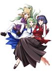  barefoot blonde_hair blue_eyes feet green_hair hair_ornament hat kochiya_sanae long_hair looking_at_viewer moriya_suwako multiple_girls purple_eyes purple_hair red_eyes skirt smile snake sumi_(joker) thighhighs touhou yasaka_kanako 