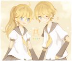  1girl :d ;) alternate_hairstyle blonde_hair blue_eyes brother_and_sister detached_sleeves genderswap genderswap_(ftm) genderswap_(mtf) kagamine_len kagamine_lenka kagamine_rin kagamine_rinto mikanniro one_eye_closed open_mouth ponytail siblings smile twins vocaloid 