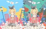  &gt;_&lt; blonde_hair closed_eyes hair_ornament hairband hairclip holding kagamine_rin lamppost letter love_letter mikanniro open_mouth shuumatsu_ga_yattekuru!_(vocaloid) skirt smile vocaloid 