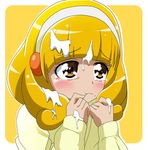  blonde_hair blush chocolate kise_yayoi precure sexually_suggestive smile_precure! solo tears third_love white_chocolate yellow_eyes 