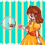 1girl blue_eyes blush boo brown_hair crown dress earrings ghost gloves jewelry lowres mario_(series) nintendo open_mouth princess_daisy super_mario_bros. super_mario_land transparent 