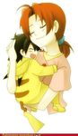  ash blush button carrying clothing costume cute daww delia_ketchum embrace eyes_closed female good_parenting hood hug human male mammal mother nintendo open_mouth parent parenting pikachu plain_background pok&#233;mon pok&eacute;mon ponytail shirt video_games young 