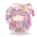  =_= ascot blush_stickers book chibi crescent hair_ribbon hat long_hair nyagakiya patchouli_knowledge purple_hair ribbon solo touhou 