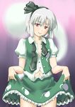  dress_shirt hair_ribbon hairband highres hitodama konpaku_youmu konpaku_youmu_(ghost) navel no_bra open_clothes open_collar open_shirt rabinidaddo red_eyes ribbon shirt short_hair skirt skirt_lift smirk solo touhou undone_necktie untied vest white_hair 