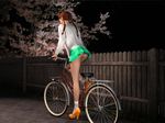  3d ass bare_legs basket bicycle bicycle_basket blouse bra braid brown_hair cherry_blossoms dark facing_away fence from_behind green_skirt ground_vehicle high_heels highres hiro3787 long_hair long_sleeves miniskirt nape night original panties pantyshot pantyshot_(standing) photorealistic riding see-through sheer_legwear shoes skirt skirt_lift socks solo standing striped striped_panties tree twin_braids underwear vertical_stripes white_blouse wooden_fence 