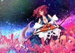  bare_shoulders breasts cleavage flower hair_bobbles hair_ornament highres large_breasts masaki_shin night night_sky onozuka_komachi red_eyes red_hair scythe short_hair skirt sky solo spider_lily star_(sky) starry_sky touhou two_side_up 