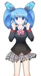  blue_eyes blue_hair bow cosmic_break cosplay kiriya_naoki lily_rain little_busters! pink_bow ribbon school_uniform simple_background solo 