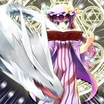  :o bad_id bad_pixiv_id blue_eyes book bow crescent dragon dx_(dekusu) groin hair_bow hat hat_bow hexagram highres long_hair magic motion_blur navel open_mouth patchouli_knowledge purple_hair solo striped touhou vertical_stripes 
